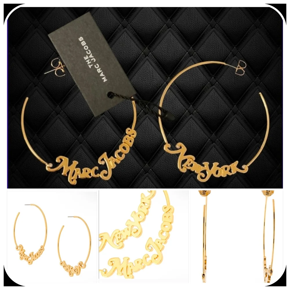 Marc Jacobs New York Gold Logo Hoop Earrings NWT - Picture 3 of 11